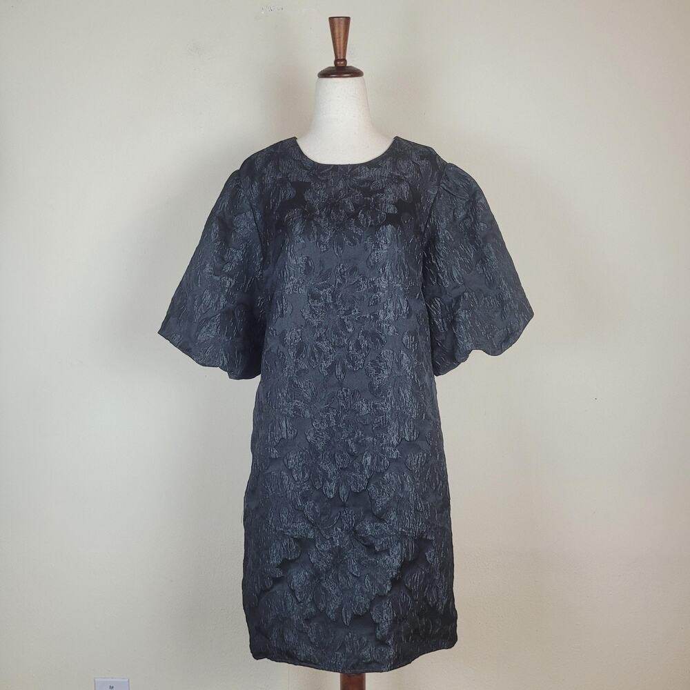 Ellison Dress Large Black Puff Sleeve Jacquard Floral Short Cocktail Party NEW